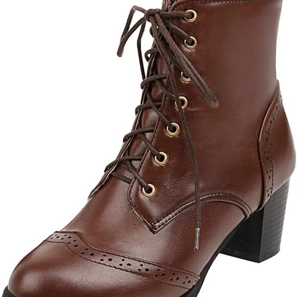 Womens Wingtip Ankle Boots Chunky Heel Lace Up Round Toe Winter Shoes